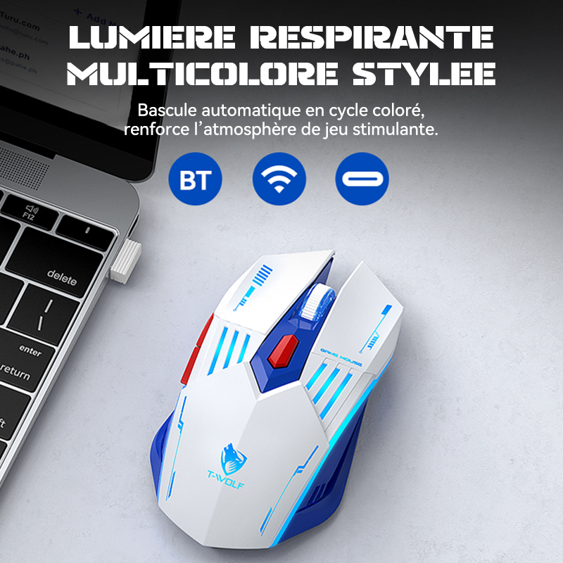 Rexsun Souris de jeu tri-mode Boutons 6D 2,4 GHz + Bluetooth + Filaire DPI réglable 800–3600 Recharge Type-C Éclairage RVB à effet respiration Batterie 300 mAh Blanc et bleu X7