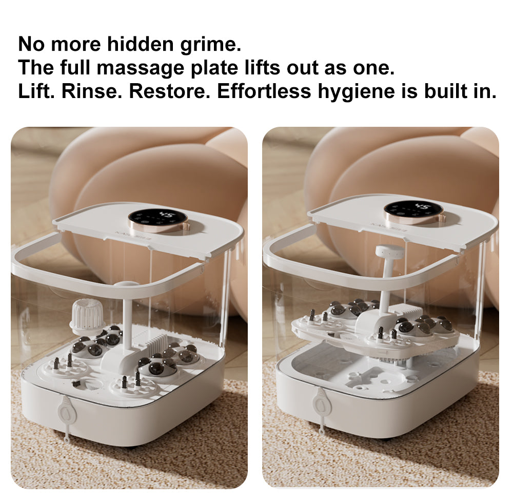 KASJ T6 Masseur de Bain de Spa pour Pieds Électrique avec 4 Rouleaux Rotatifs & 2 Points d'Acupuncture pour les Talons – Température Réglable, Minuterie, Roulettes de Déplacement Faciles & Vidange Rapide pour le Soulagement du Stress