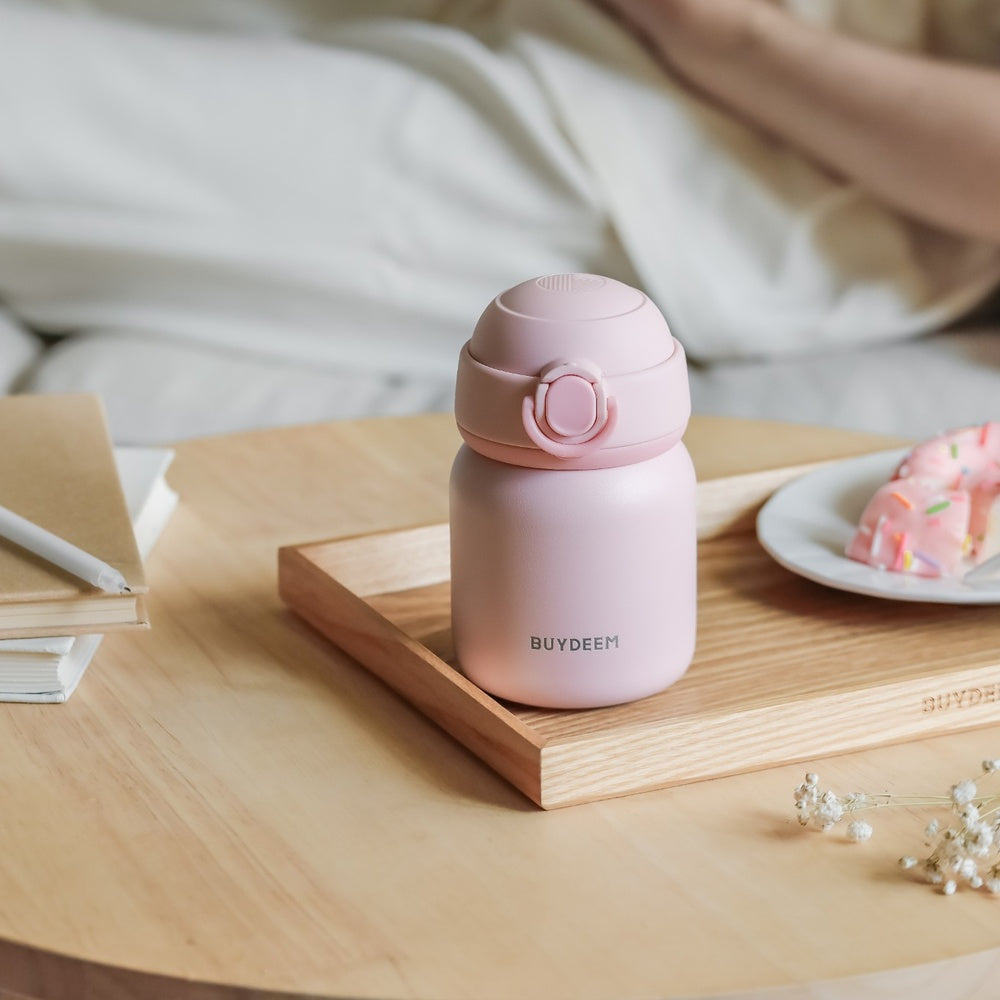 BUYDEEM Bouteille isotherme en acier inoxydable pop-up avec ouverture du couvercle à une main, Hermétique et étanche, Chaud et froid pendant des heures, Matériaux approuvés par la FDA, 200 ml, Rose