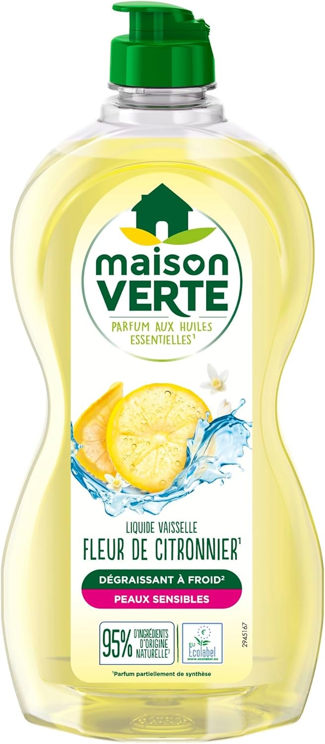 Maison Verte Liquide Vaisselle, Formule Dégraissante à Froid pour Peaux Sensibles, Certifié Écolabel, Fleur de Citronnier, 500 ml