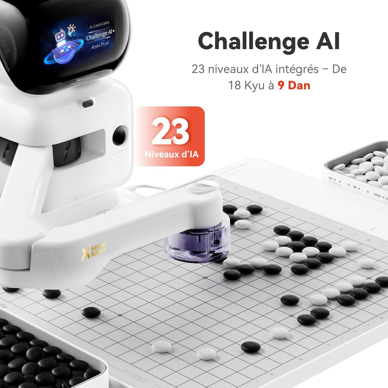 Adversaire de jeu de go intelligent – Plateau de go IA SenseRobot Go Professional équipé d'un bras robotique, adapté à tous les niveaux, parties de haut niveau, analyse en temps réel