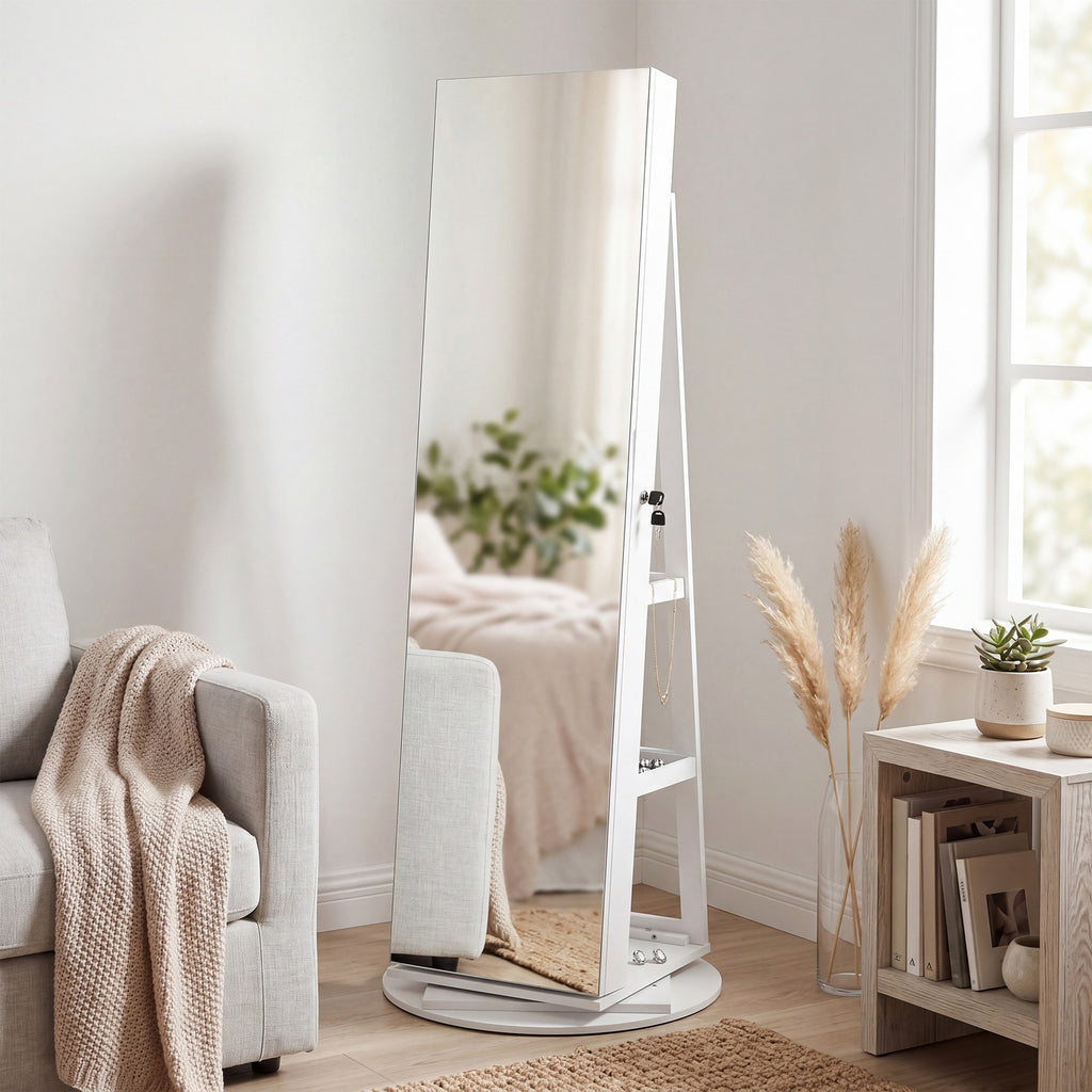 JOYFURNOS HOME Armoire à bijoux avec miroir pivotant à 360° et serrure, organisateur de bijoux, miroir sans cadre pleine longueur, 3 étagères de rangement, surface blanche, doublure noire