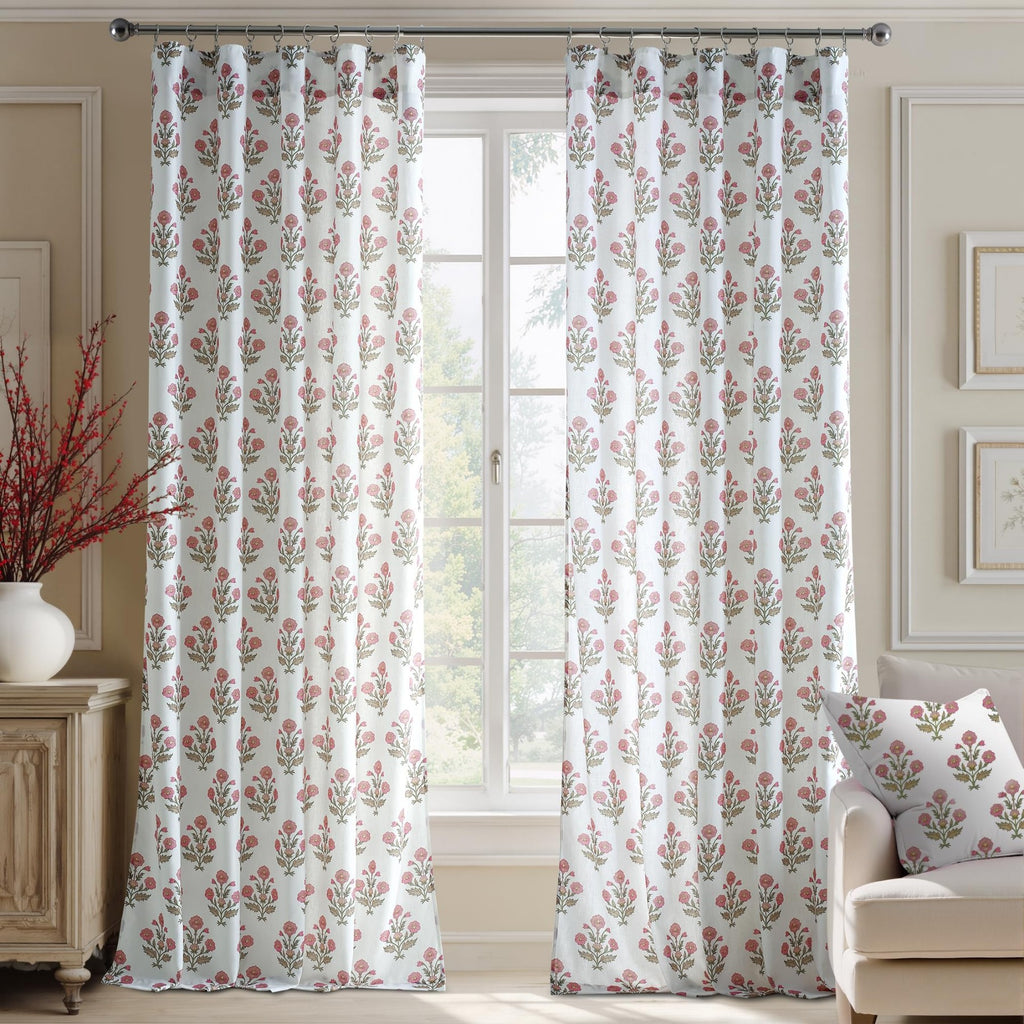 PONY DANCE Rideaux en Lin Floral Imprimé Motif Rose pour Chambre de Fille Chambre Bébé, Bohème Style Maison de Campagne Rideaux de Fenêtre Transparents Aesthétique Filtrant la Lumière