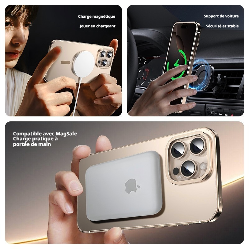 Coque pour iPhone 16 Pro, cadre en alliage, protection antichoc en métal, couleur d’origine, anneau magnétique MagSafe, or désert, 1 pièce