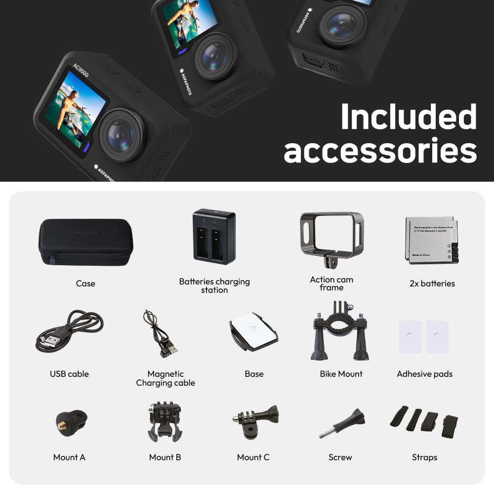 AgfaPhoto Realimove AC9500 caméra d'action étanche 4K, grand angle 170 ° avec accessoires