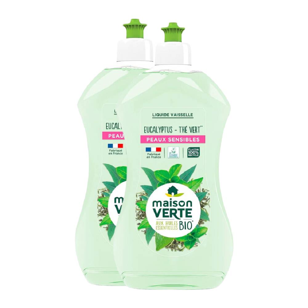 Maison Verte Liquide Vaisselle, Eucalyptus & Thé Vert, Huiles Essentielles Biologiques, 2 x 500 ml (= 1 L)