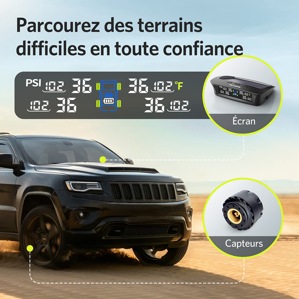 Tymate Système de surveillance de la pression des pneus pour camping-car, moniteur de pression des pneus à recharge solaire, équipé de 6 capteurs, 6 modes d’alarme, répéteur