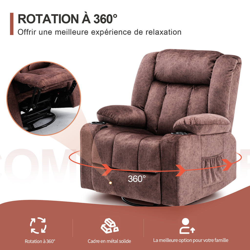 COMHOMA Chaise de relaxation manuelle pivotante pour adultes avec dossier réglable et repose-pieds, chaise de salon 361°, porte-gobelet, poches latérales, tissu doux, ergonomique, marron