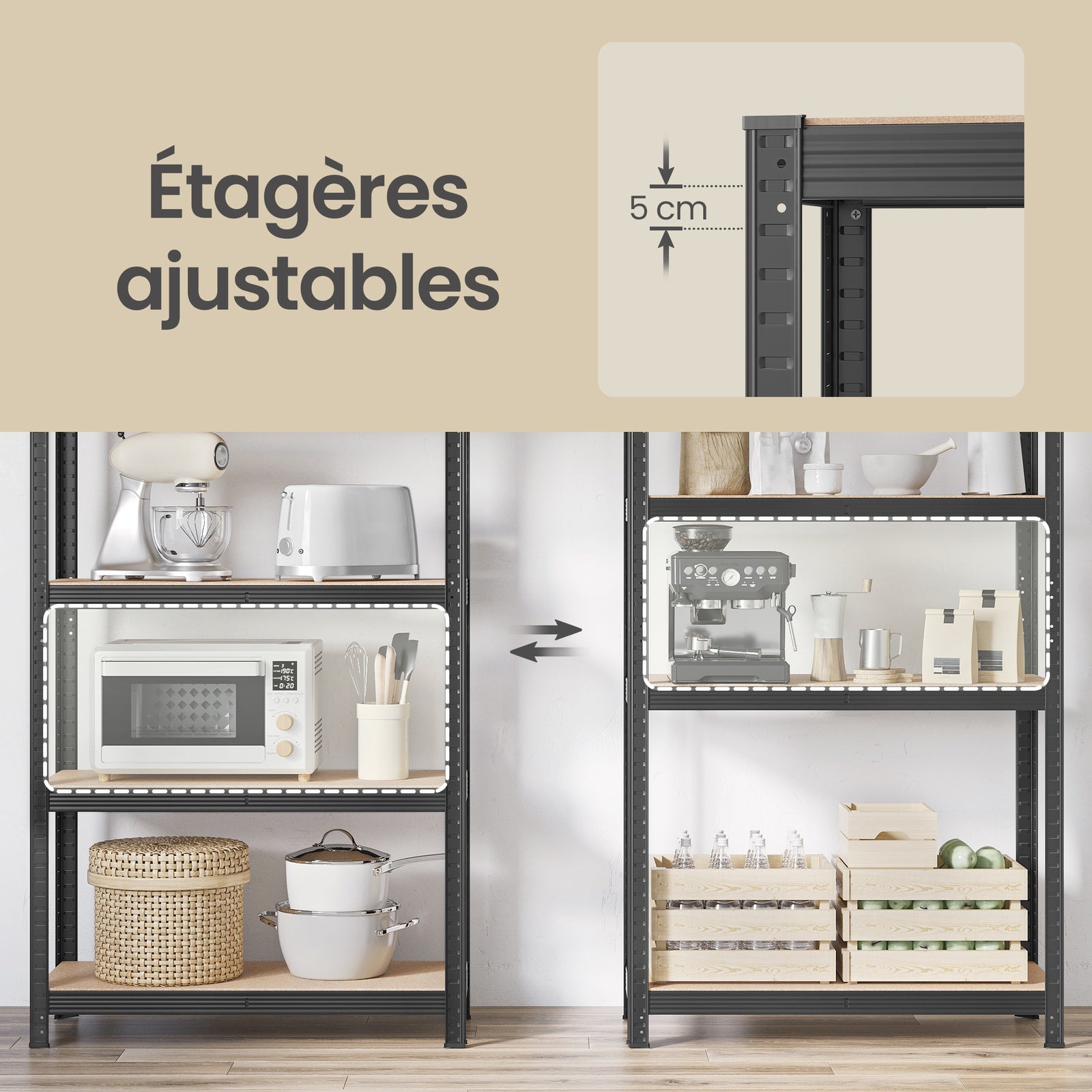 JOYFURNOS Étagères à 5 Niveaux Lot de 2, Étagère en Acier pour Rangement, pour Garage, Abri, Gris