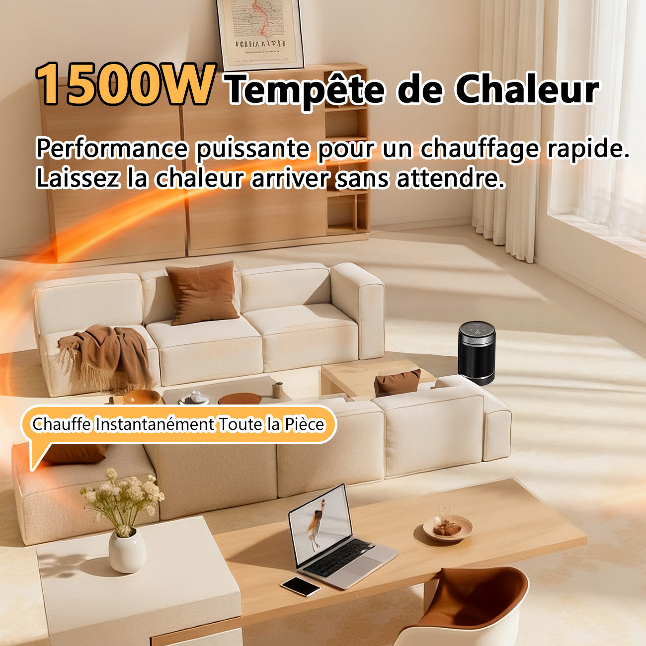 Totopia Radiateur électrique 1500 W 4 modes Élément chauffant céramique PTC Affichage LED et télécommande Minuterie 12 h Oscillation large Protections surchauffe et basculement PTC-907B