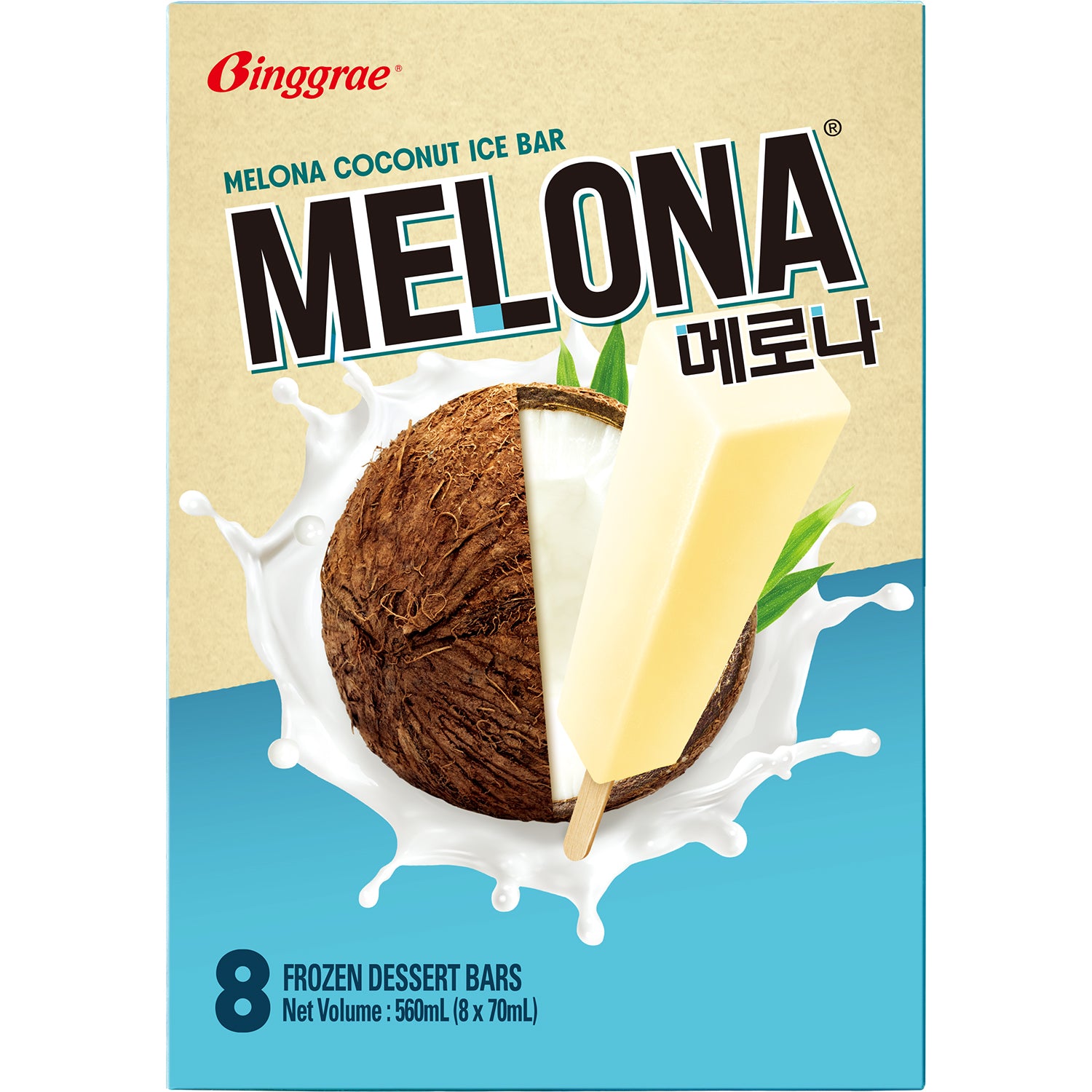 BINGGRAE Bâtonnets glacés Melona saveur coco - 8 x 70 ml