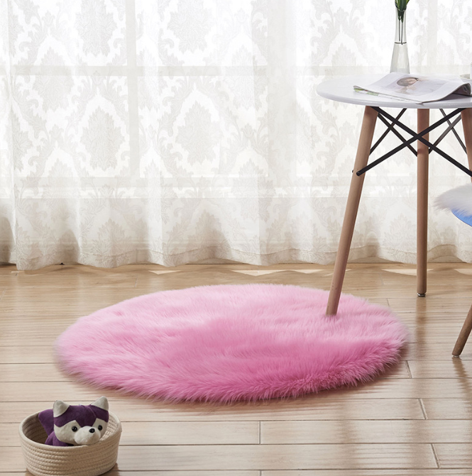 Tapis rond en peluche laine artificielle, 90x90 cm tapis rond shaggy doux, tapis de sol antidérapant pour chambre, salon, décoration de chambre d'enfant (rose)