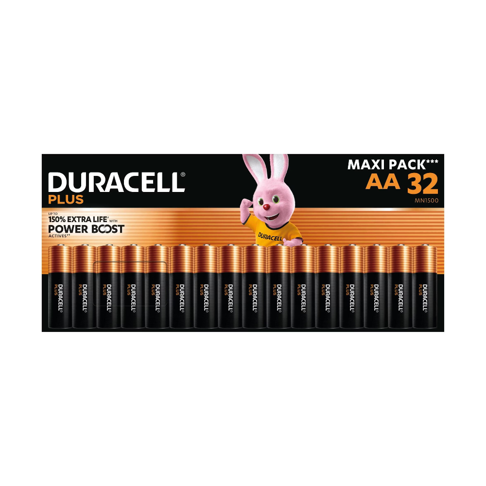 Duracell Plus Piles AA Lot de 32 – Piles alcalines 1,5 V – Durent jusqu'à 150 % plus longtemps* grâce aux ingrédients POWER BOOST** – Fiables pour vos appareils du quotidien