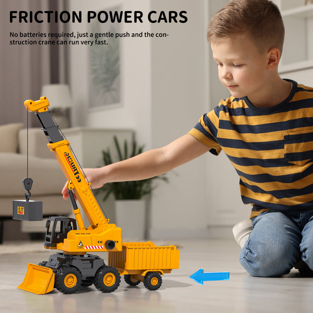Jouet de camion grue de construction pour tout-petits, véhicule d'ingénierie 5 en 1 avec bras extensible, crochet de levage, remorque basculante et pelleteuse