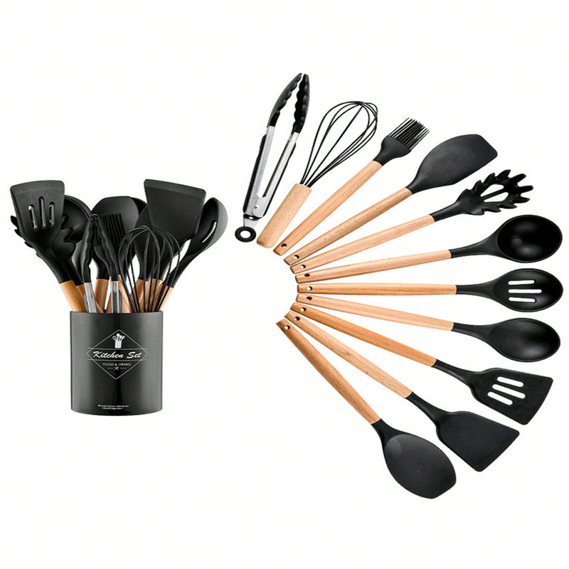 MEOKY Ensemble de 12 ustensiles de cuisine en silicone avec petit porte-objets - Noir