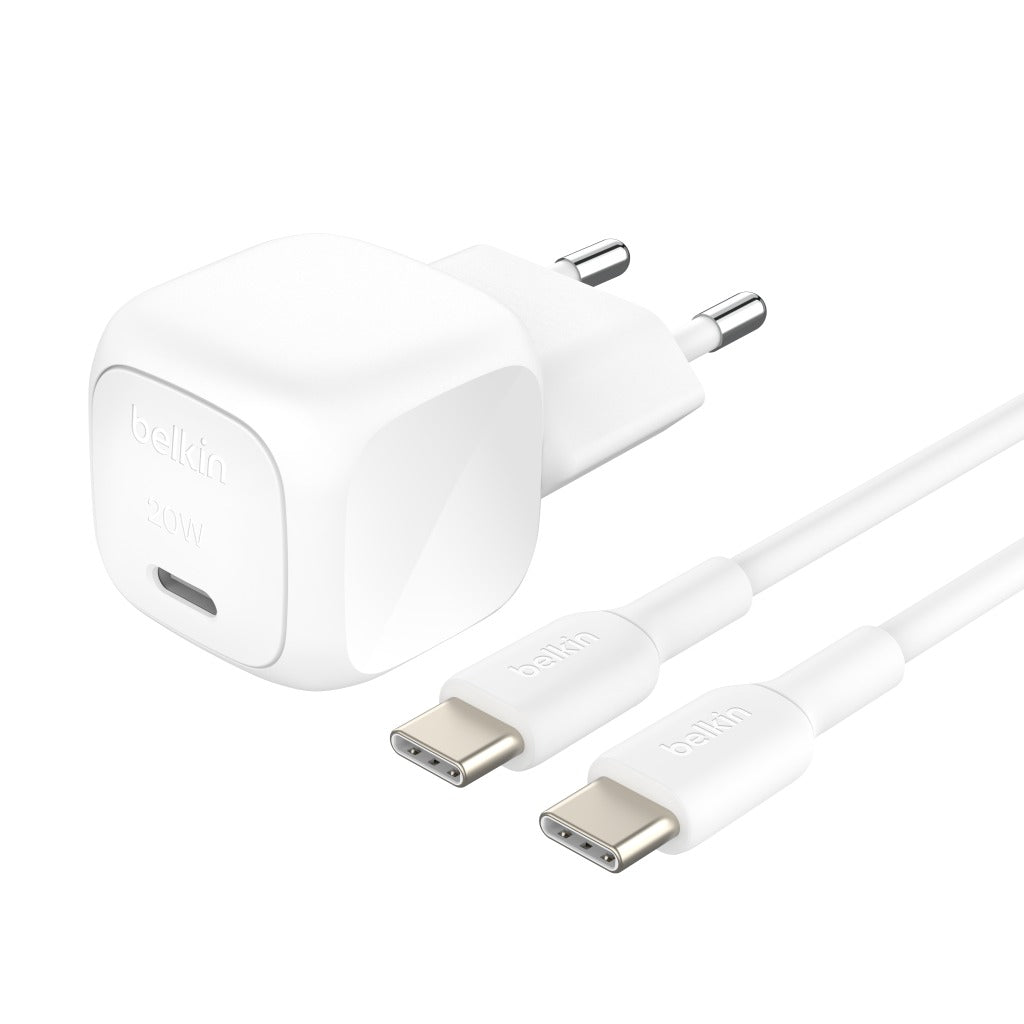 Belkin 20 W USB-C Power Delivery Chargeur Secteur pour Téléphones Portables, Inclus un Câble USB-C vers USB-C de 1 mètre, Blanc