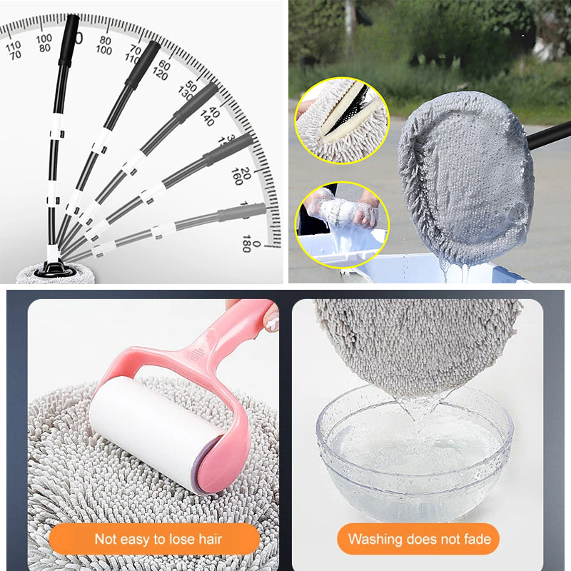 Balai de lavage auto en chenille noir et blanc Hello leiboo : manche ergonomique coudé à 15°, manche télescopique en aluminium, brosse douce anti-rayures, tête amovible, angle réglable pour un nettoyage facile ; un accessoire pratique pour un lavage 