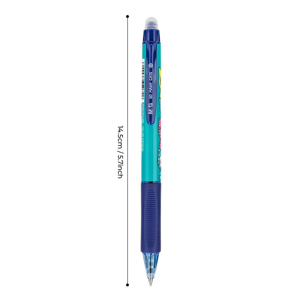M&G So Many Cats Lot de 6 Stylos gel effaçables rétractables Encre bleu cristal Pointe fine 0,5 mm Motif chat Écriture fluide Grip confort École Bureau Agenda