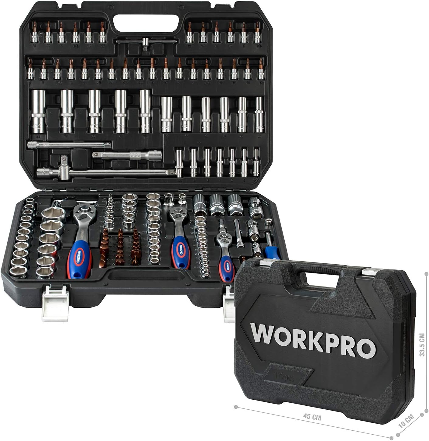 WORKPRO Jeu de clés à douille, de clés à cliquet et de clés à rainure en acier chrome-vanadium, outils mécaniques automobiles professionnels avec boîte rigide de 172 pièces