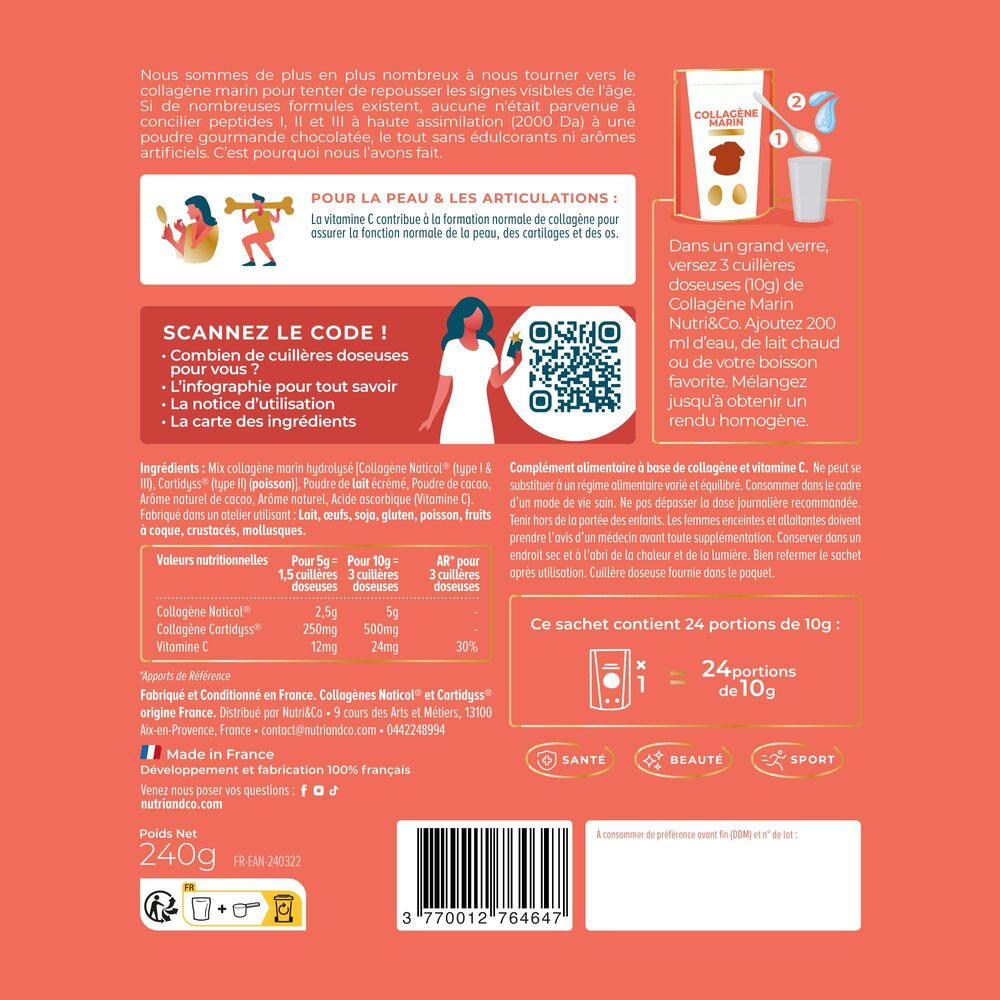 Nutri&Co Collagène marin type 1, 2 et 3 - goût cacao - 240 g