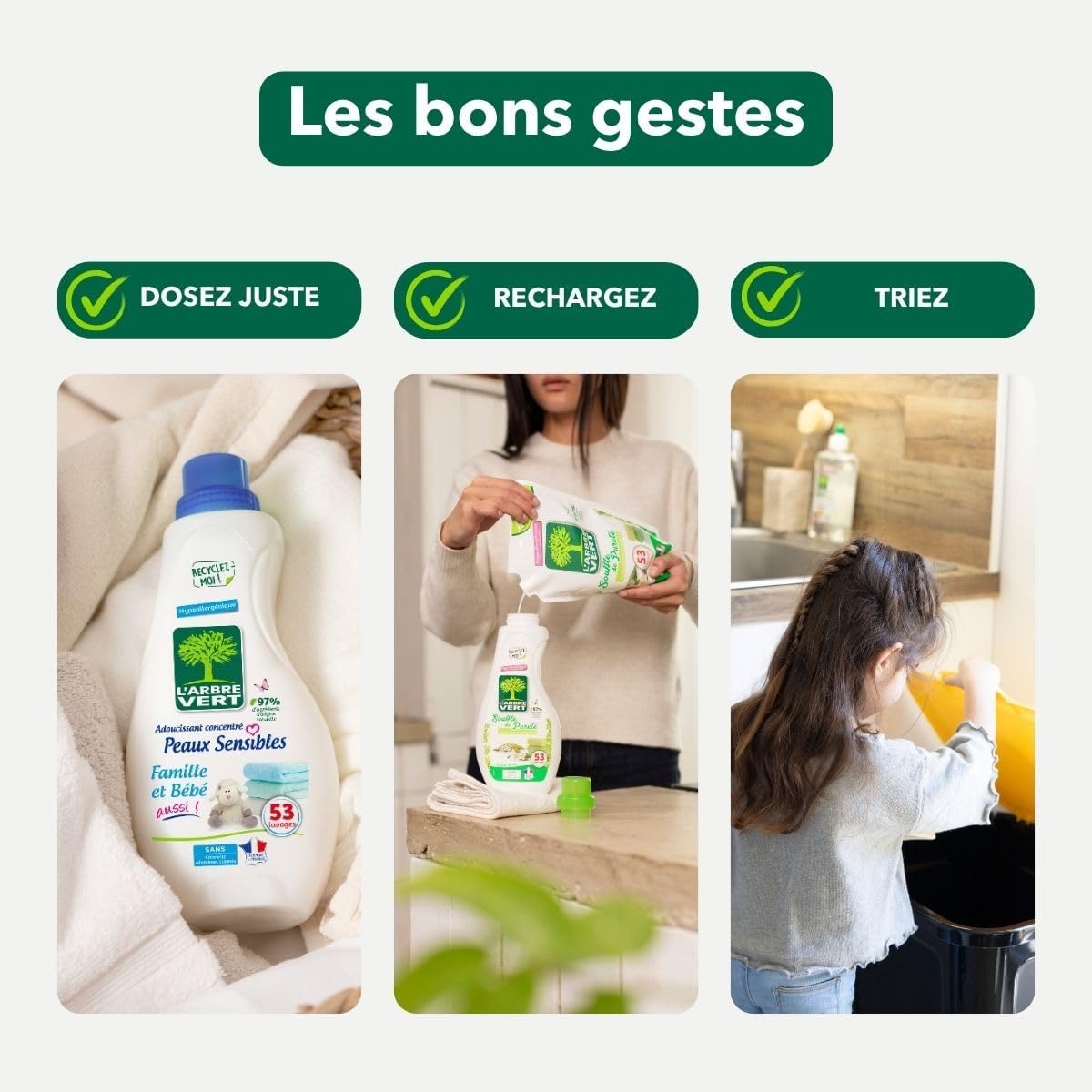 L'ARBRE VERT Adoucissant Concentré Bébé Hypoallergénique, 97 % Origine Naturelle, 53 Lavages, 800 ml