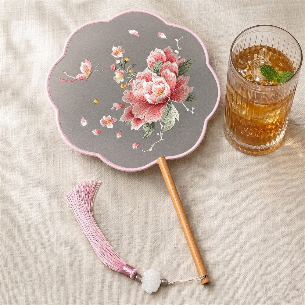 Huacan Style chinois Broderie Su Broderie double face Ventilateur brodé, Style ancien Hanfu Ventilateur de savoir-faire classique, Accessoire de voyage en plein air Danse Cheongsam Pivoine Ventilateur de fée 1 pc