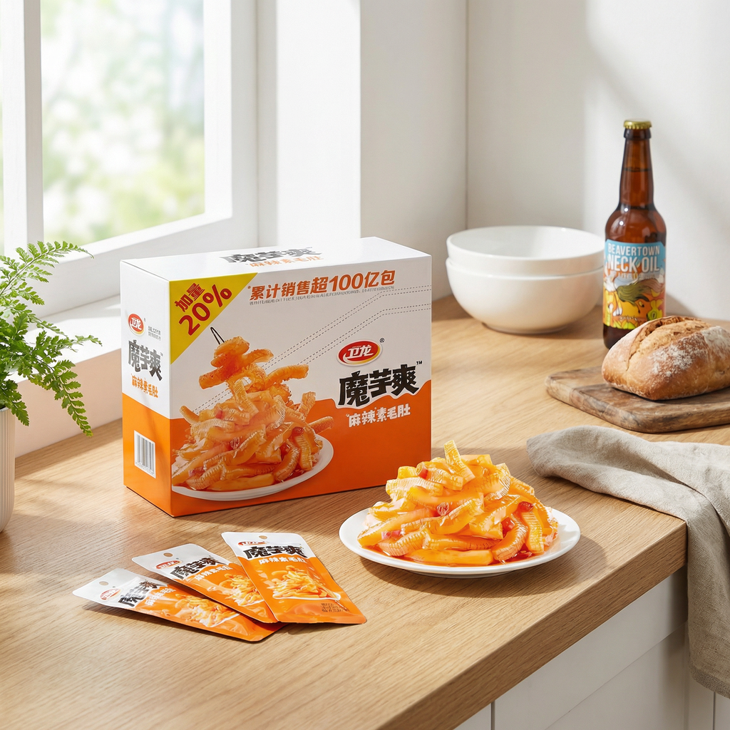 Wei Long Snack de konjac, tripes végétariennes piquantes et engourdissantes, boîte 360 g, contient 20 sachets individuels