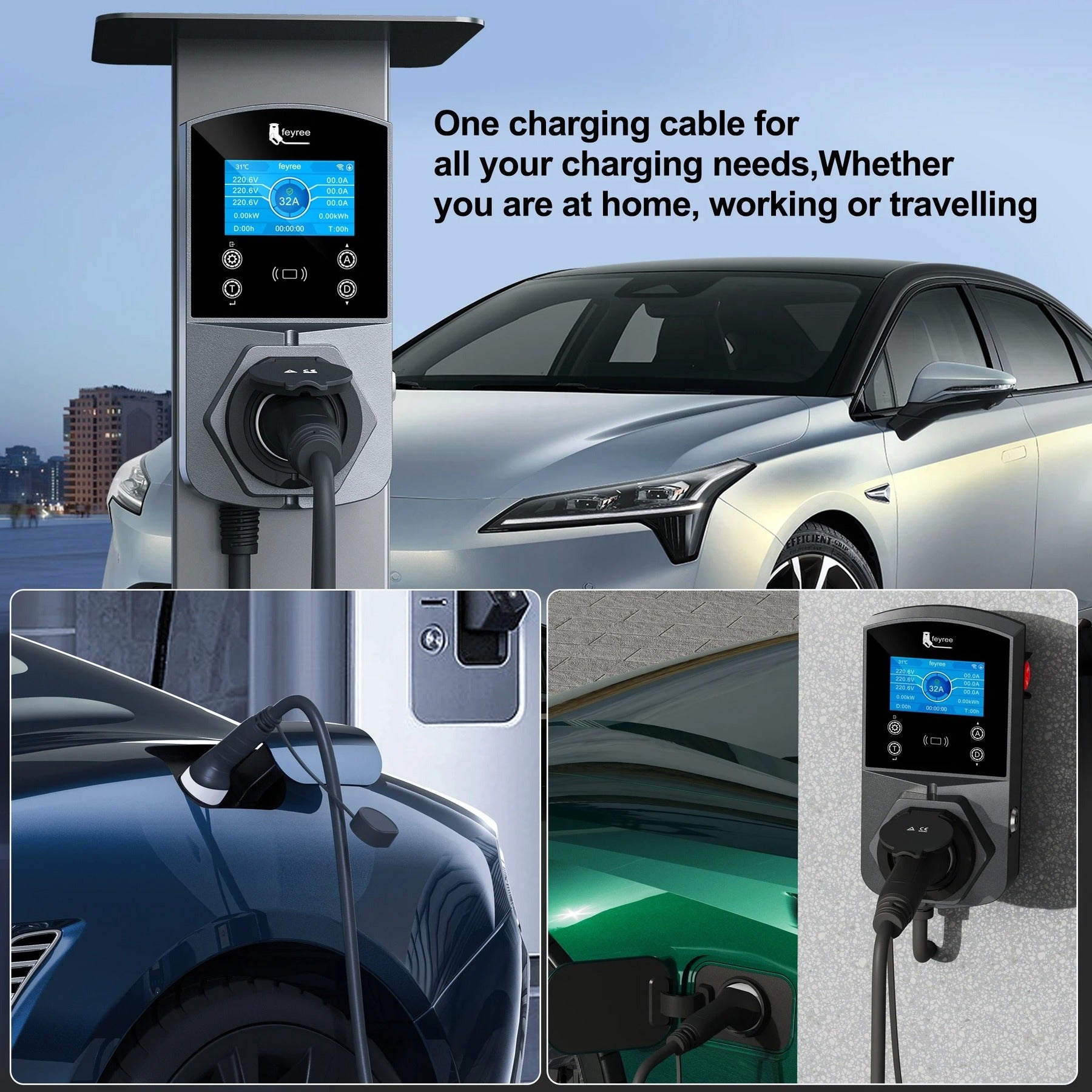 Feyree Borne de recharge murale intelligente Type 2 version prise 22 kW pour véhicule électrique, équipement d'alimentation pour véhicule électrique pour fiches TS-NACS Type 1 GB/T
