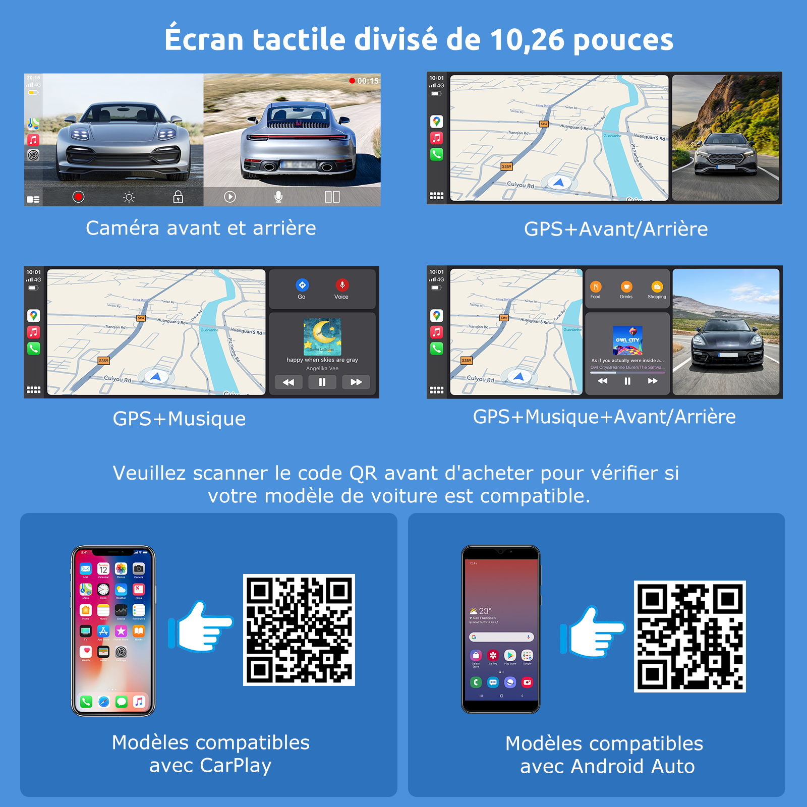 ESSGOO Écran CarPlay HD portable 10,26 pouces, CarPlay sans fil, Android Auto et recopie d'écran, caméra embarquée avant 4K intégrée + caméra de recul AHD 1080P