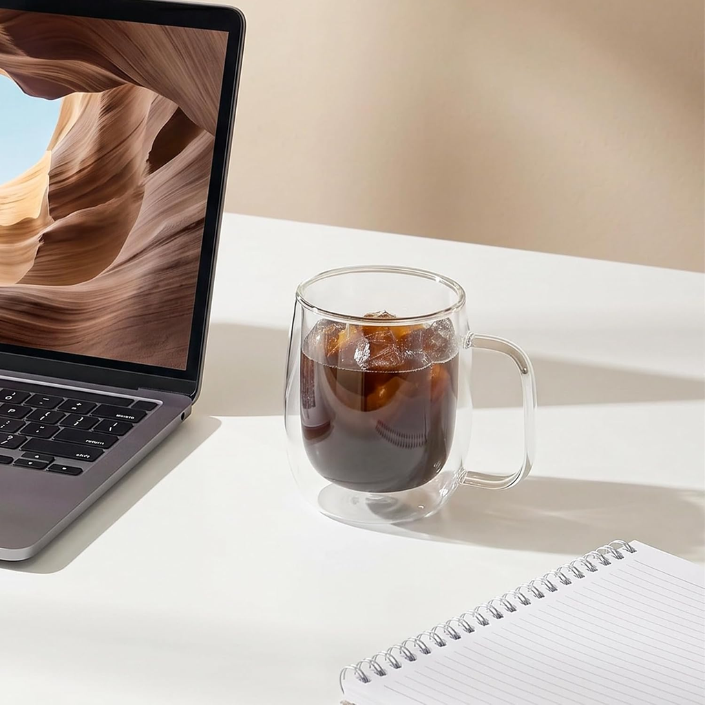 MEOKY Lot de 2 gobelets en verre à double paroi avec poignée, isolées, pour boissons chaudes et froides, 350 ml
