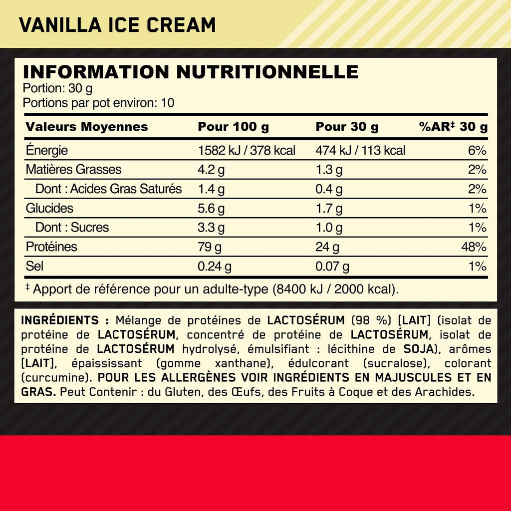 Optimum Nutrition Gold Standard 100% Whey Protein, saveur glace vanille 300g (10 portions)