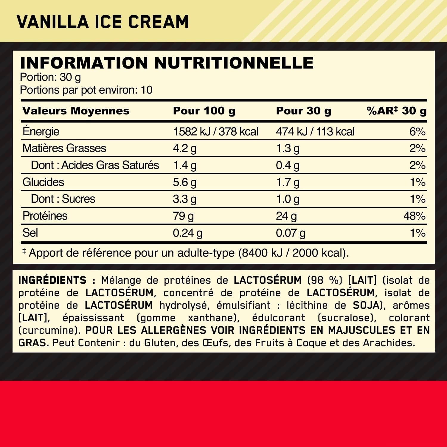 Optimum Nutrition Gold Standard 100% Whey Protein, saveur glace vanille 300g (10 portions)