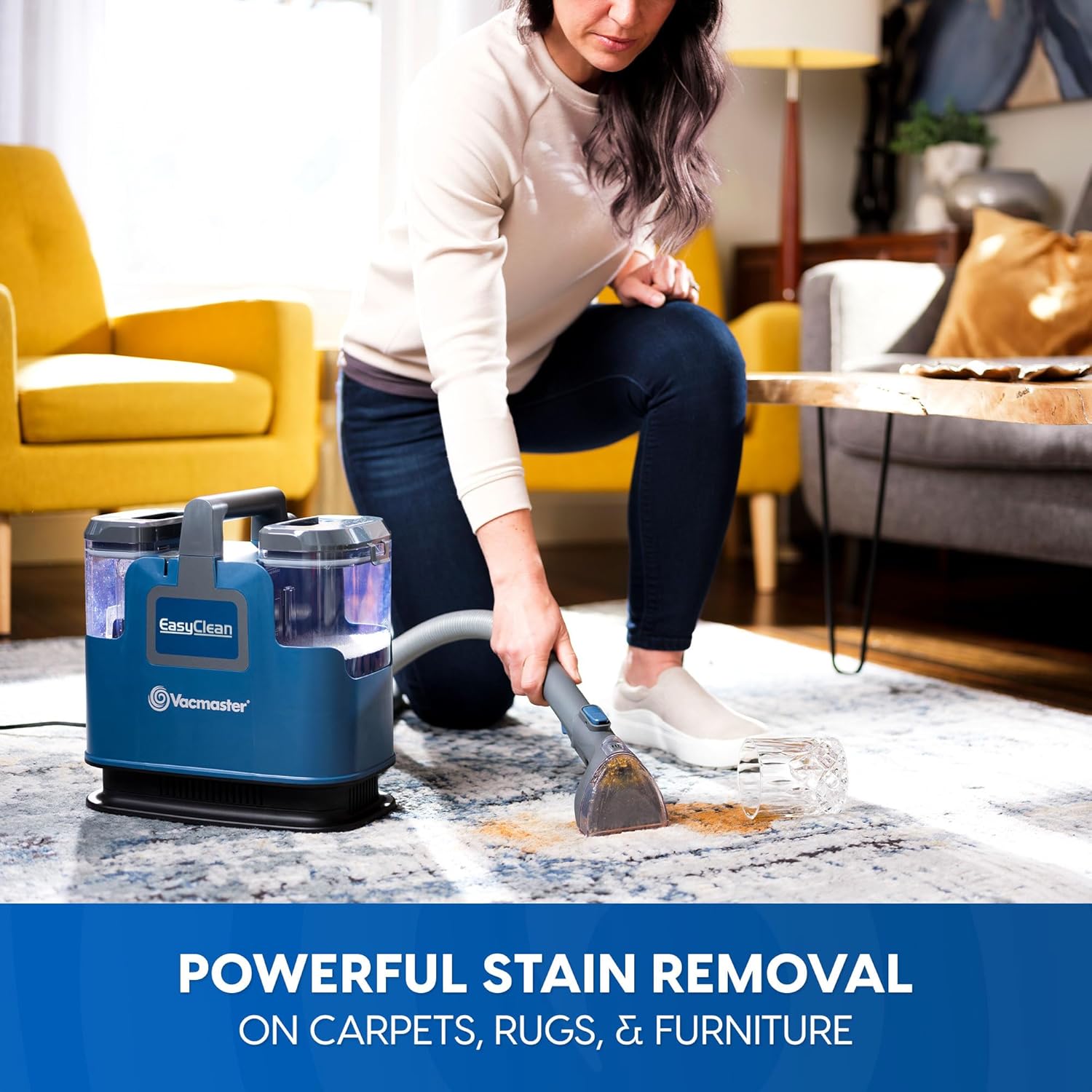 Vacmaster SCB0501 Shampouineuse Compacte pour Tapis et Canapés, Nettoyeur Détacheur 500 W, Double Réservoir 1,6 L/0,95 L, Tuyau de 1,8 m, pour Moquettes, Escaliers et Sièges Auto, Bleu