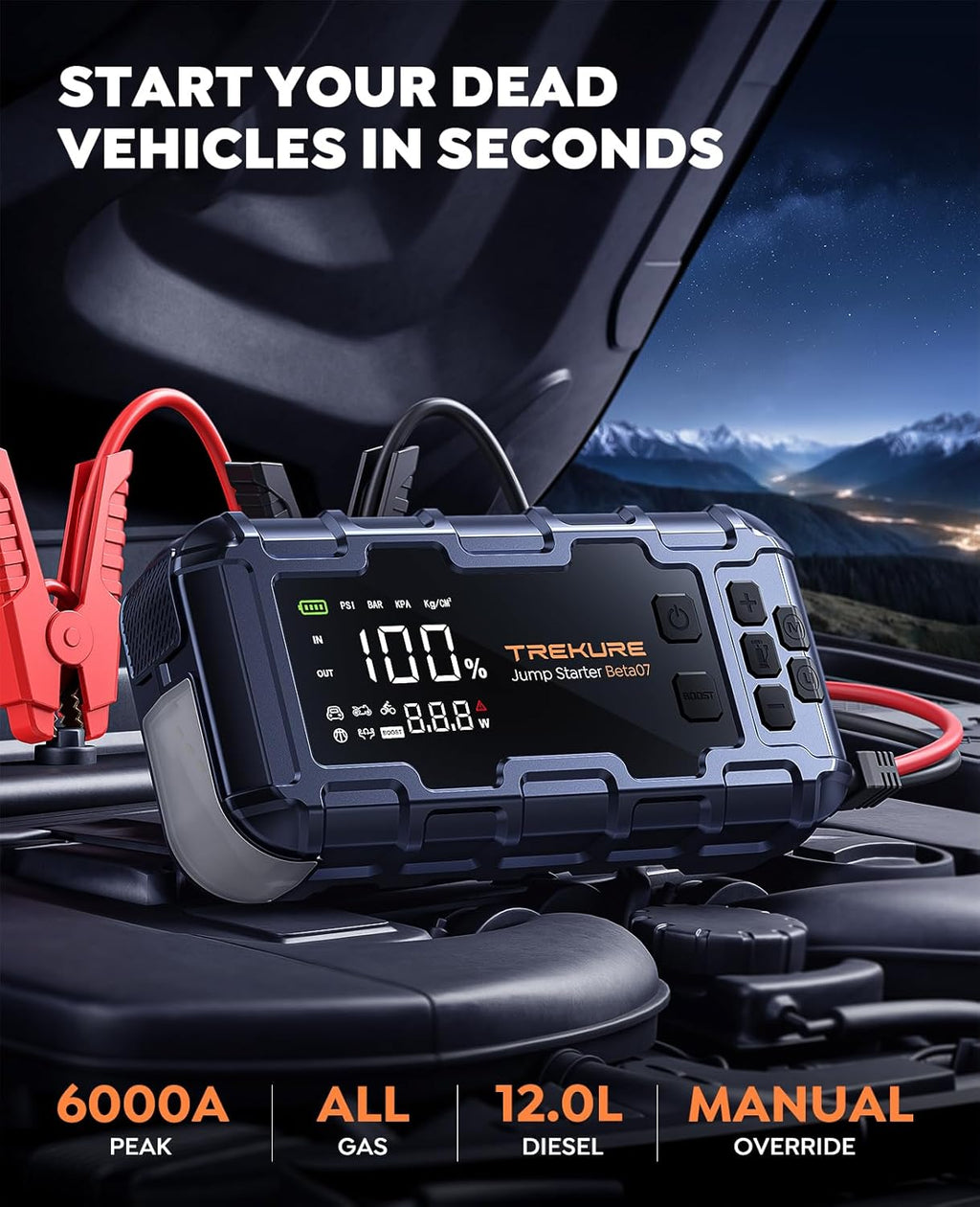 TREKURE Beta07 Démarreur de secours pour voiture 6000 A avec compresseur d’air 160 PSI, booster de batterie portable 12 V avec charge rapide PD 45 W, écran intelligent 3,3 po