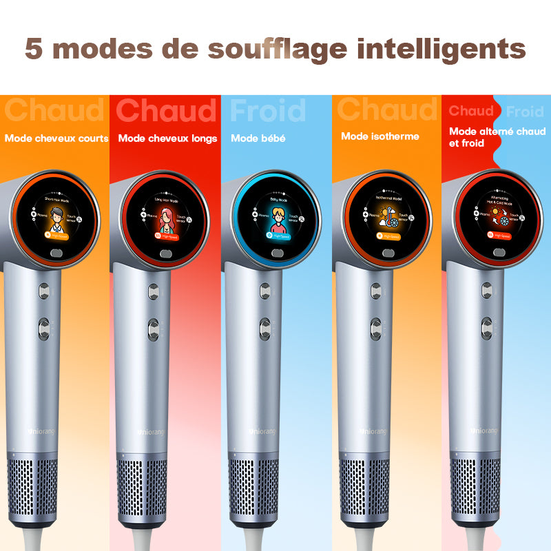 Uniorange H6 Sèche-cheveux haute vitesse à plasma, écran LCD HD, 5 modes intelligents, 1600 W de puissance et 1 milliard d'ions plasma, moteur haute vitesse 110 000 tr/min