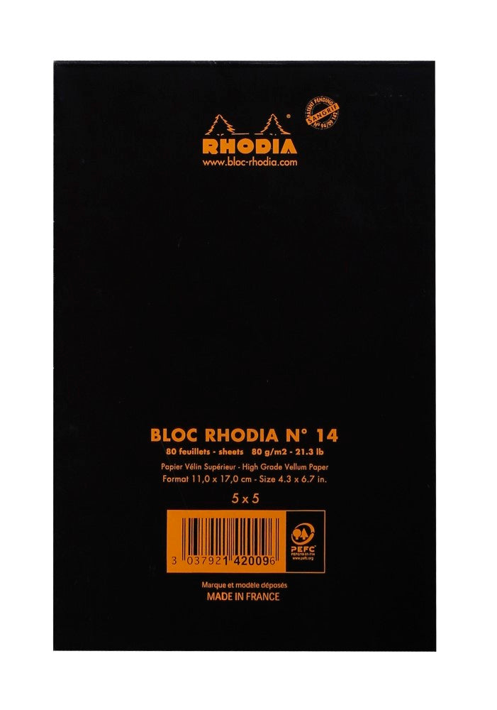 CLAIREFONTAINE Bloc agrafé Rhodia BLACK N°14 11x17 cm 80 feuillets petits carreaux 5x5 80 g