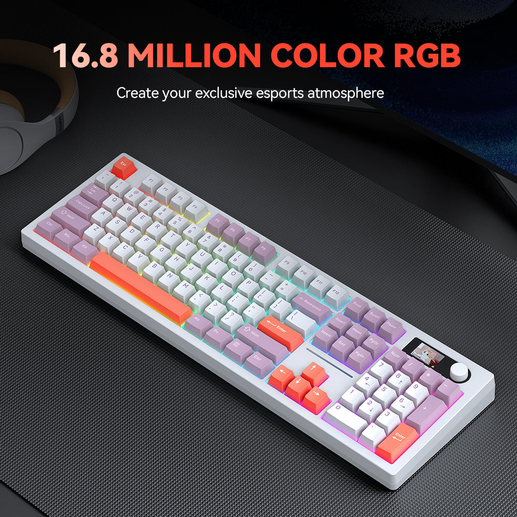 Siukie ACH105 Clavier mécanique 104 touches avec écran couleur, interrupteur détachable, 3 modes RGB, violet pastel et blanc