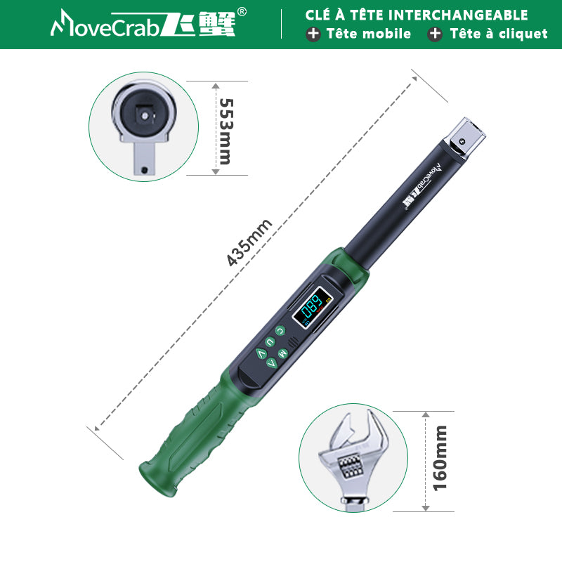 movecrab clé dynamométrique numérique, avec têtes de clé interchangeables, réglage précis, plage de couple 6.8-135 N·m (5-99.6 ft-lb), têtes à cliquet et à fourche