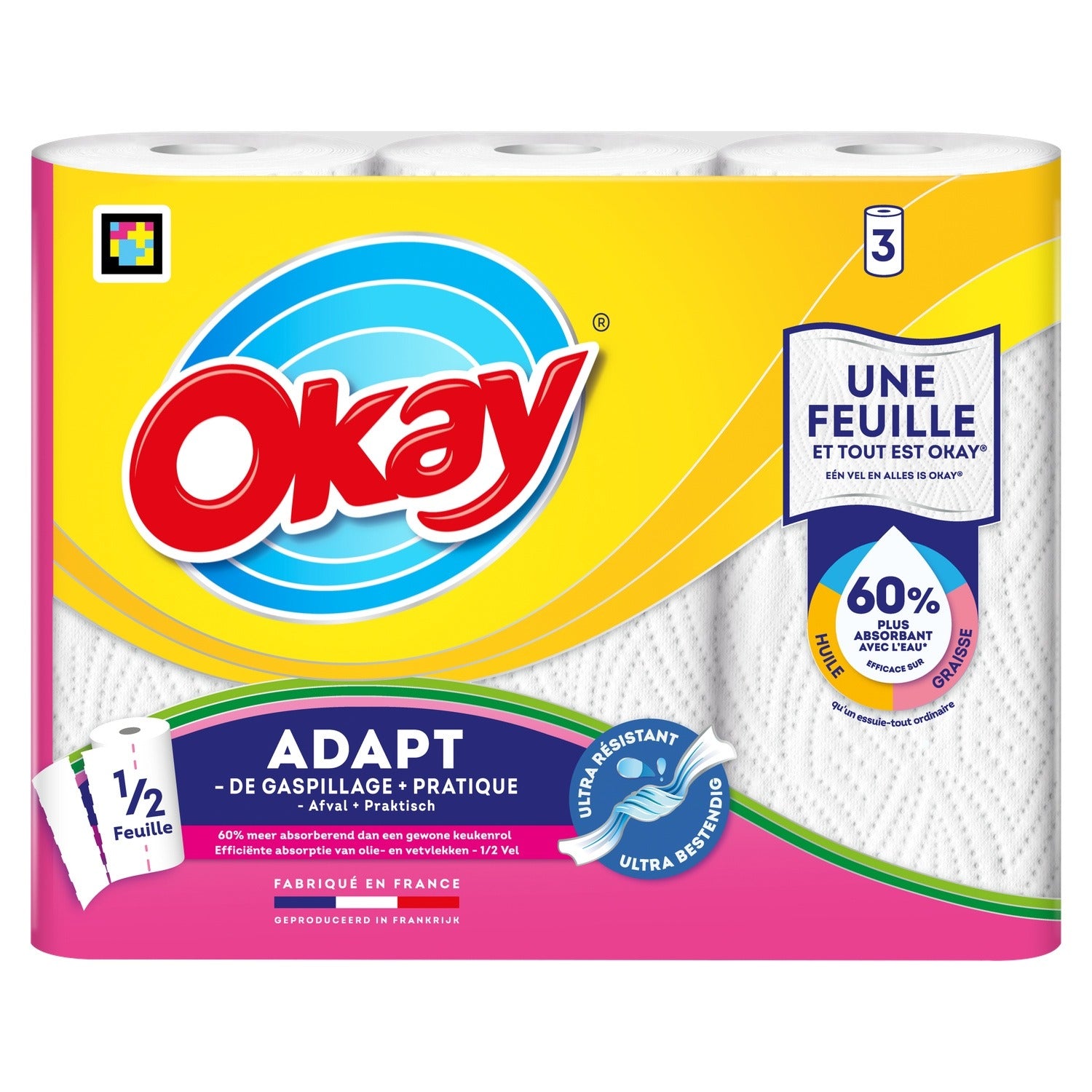 OKAY Adapt Blanc Essuie-Tout Demi-Feuille, 60% Plus Absorbant, 3 Rouleaux