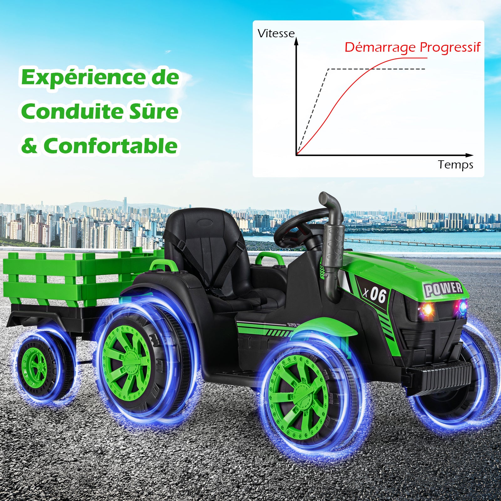 Costway Tracteur électrique pour enfants 24 V avec phares LED RVB, Musique et port USB, Remorque de tracteur électrique et télécommande parentale, Vert