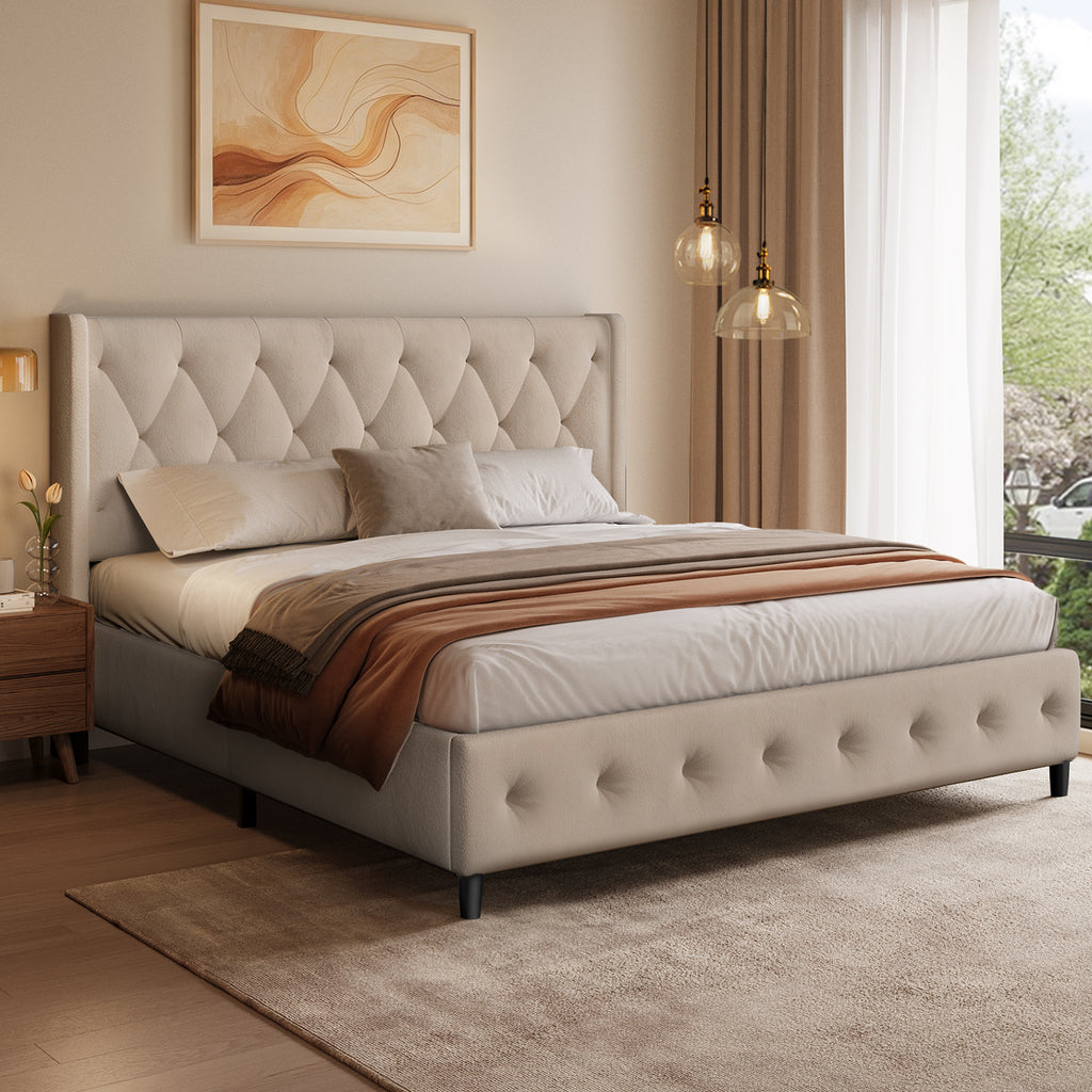 GTIMEX Lit capitonné 209x146x98 cm avec sommier à lattes, Capacité de charge statique : 390 kg, Lit double avec tête de lit capitonnée, Sommier à lattes en bois massif, Montage facile, Design moderne, Cadre robuste et tissu en velours de haute qualit
