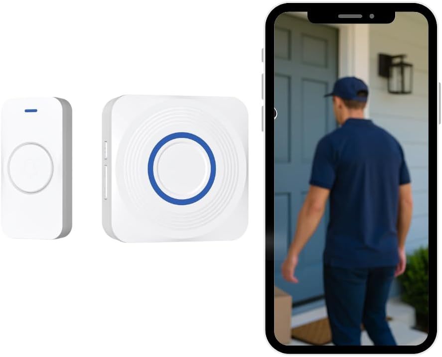 Konyks DRINGG, Sonnette connectée WiFi + RF (Bouton IP65 + Carillon intérieur), Notifications sur Smartphone, Longue portée, IP65, Blanc