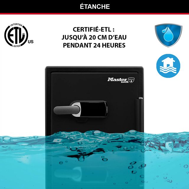 Master Lock Coffre-fort certifié ignifuge et étanche avec alarme, 56,5 L, 472 x 603 x 491 mm, système de combinaison à écran tactile numérique avec clavier rétroéclairé et alarme