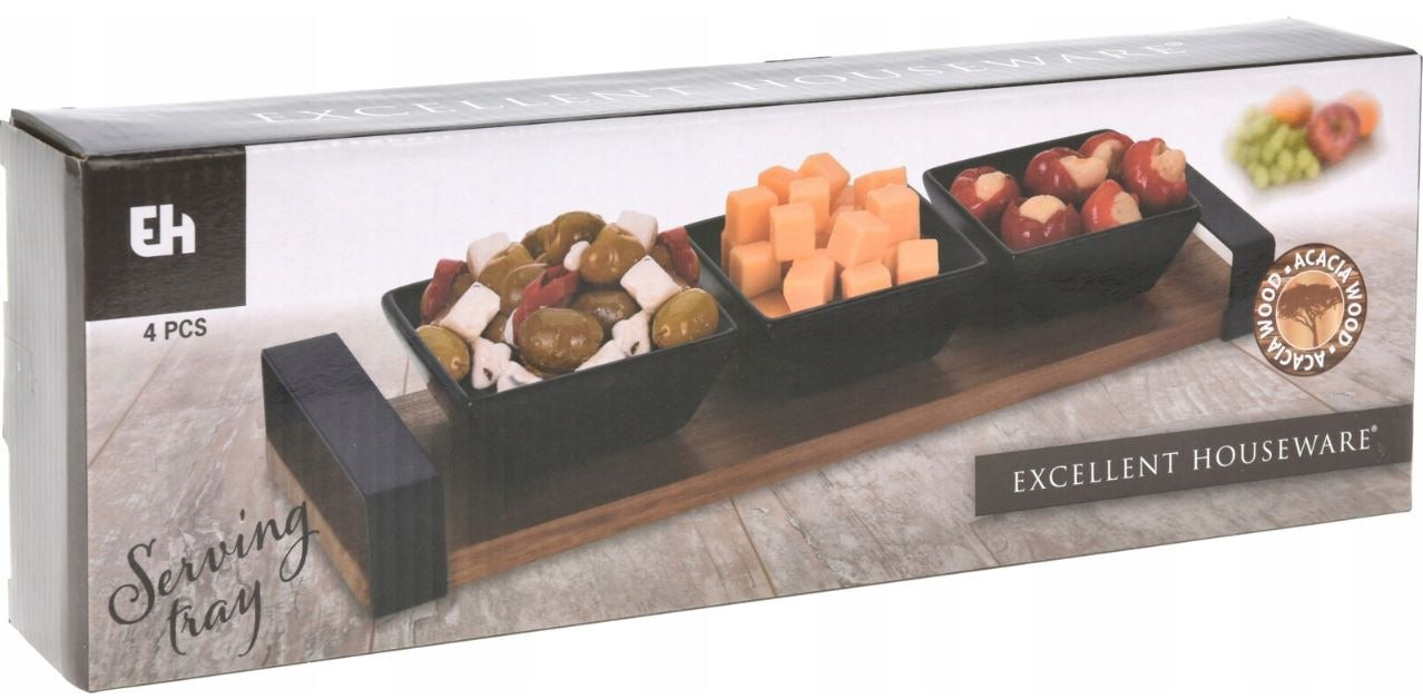Koopman Set de service pour snacks - 3 bols avec plateau en bois