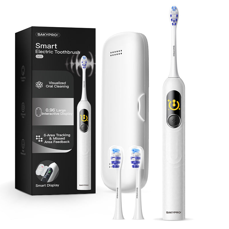 saky Pro Brosse à dents électrique sonique familiale G5S Blanc avec écran intelligent IA pour adultes et enfants | Autonomie 150 jours, carte de brossage en temps réel | Mode blanchiment, minuterie 3 min, étui de voyage