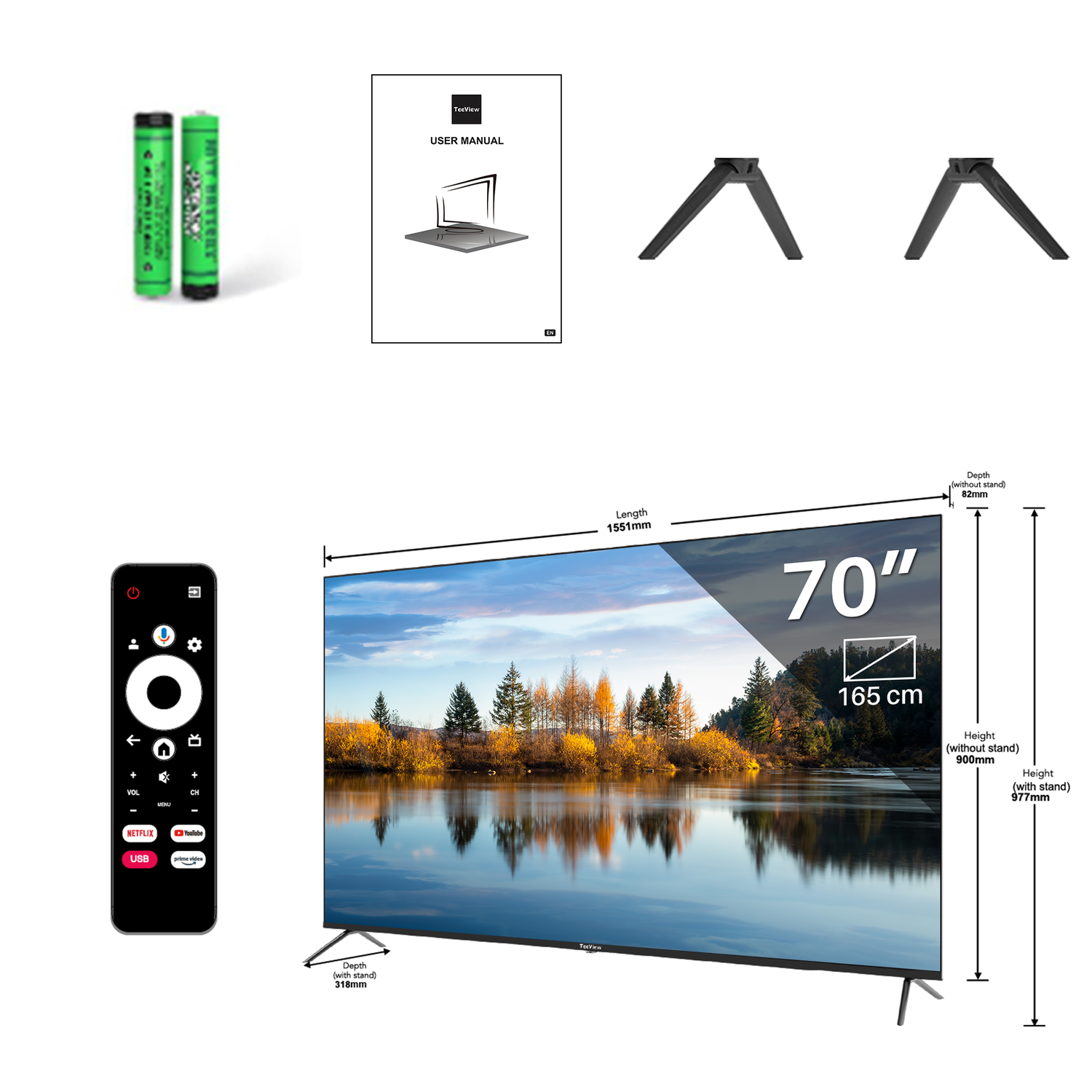 TeeView Google Smart TV TV70UQG-EU QLED Ultra HD 4K, 70 pouces / 178 cm, design sans cadre, triple tuner DVB-T/T2/S/S2/C, HDMI x3, USB x2, CI+