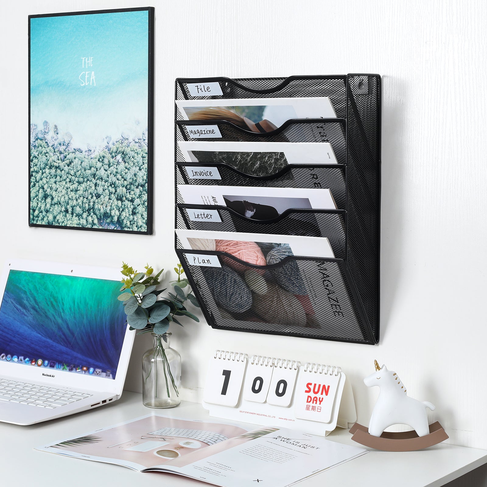 Senhoglb Porte-documents mural en maille A4 à 5 niveaux, Noir, Vente du Nouvel An, Meilleures idées cadeaux