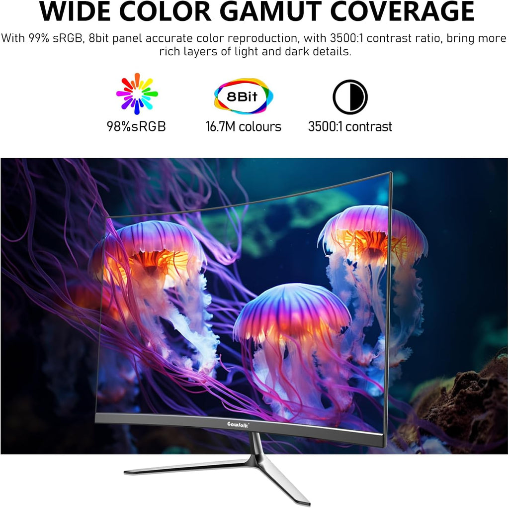 Gawfolk Moniteur incurvé 24,5 pouces 1K Full HD, Taux de rafraîchissement 100 Hz, Temps de réponse 1 ms (MPRT), Courbure 3000R, Haut-parleurs intégrés, AMD FreeSync