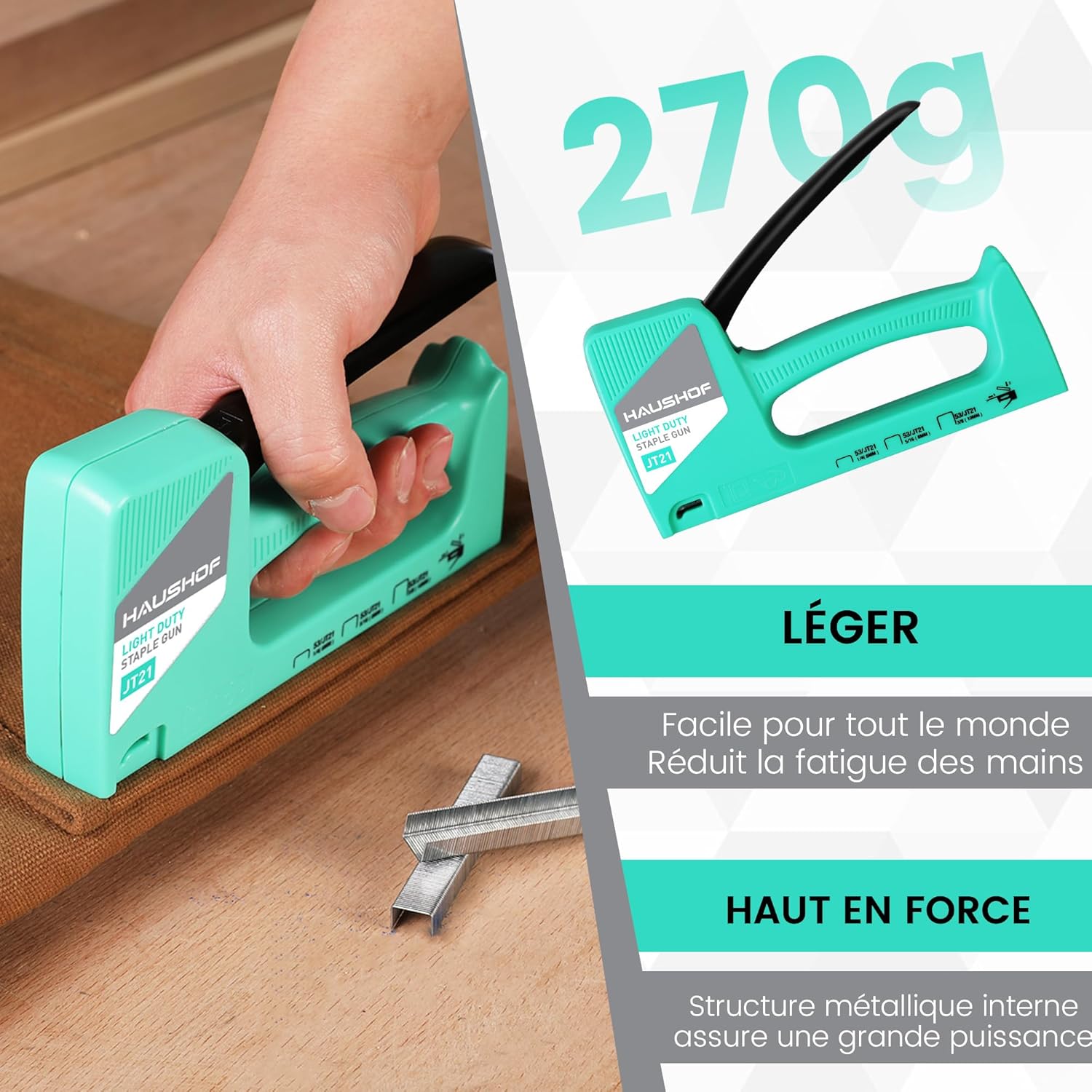 HAUSHOF Pistolet agrafeur manuel vert, Agrafeuse pour tapisserie et bois pour agrafes type 53, avec 800 agrafes de 8 mm et extracteur d’agrafes pour bois, tissu, meubles