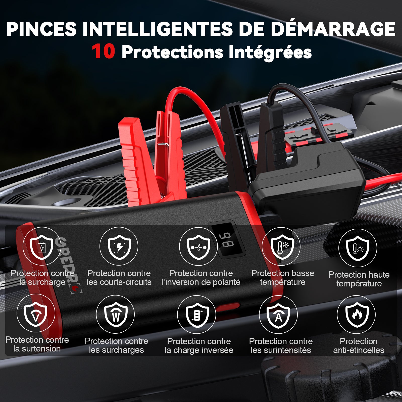 GREPRO Booster de Batterie 4000A, Démarreur de Voiture d’Urgence pour Véhicules 12V et Motos (jusqu’à 7,0L Essence / 5,0L Diesel), avec Écran LCD, Lampe Torche LED et Sac de Transport